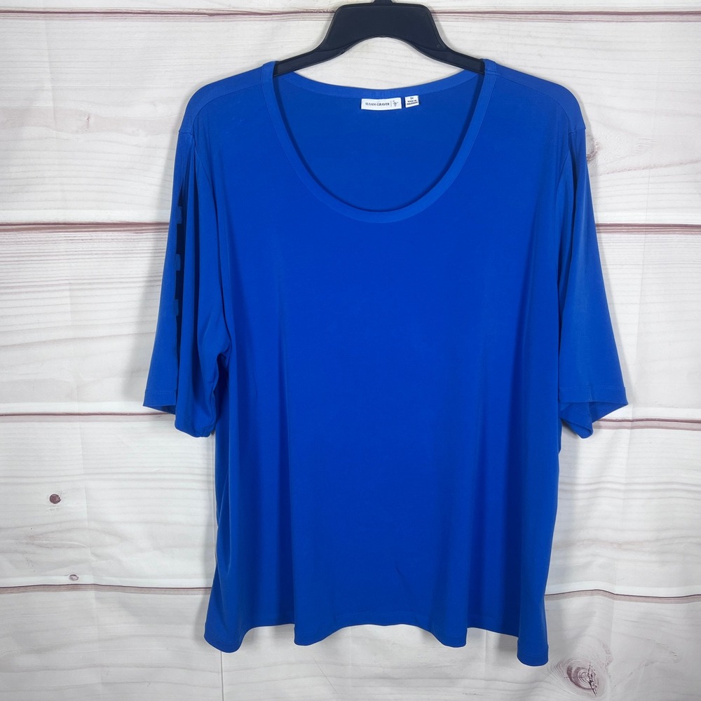 Susan Graver Top Women 3X Blue Liquid Knit Short Sleeve Scoop Neck Blouse Solid
